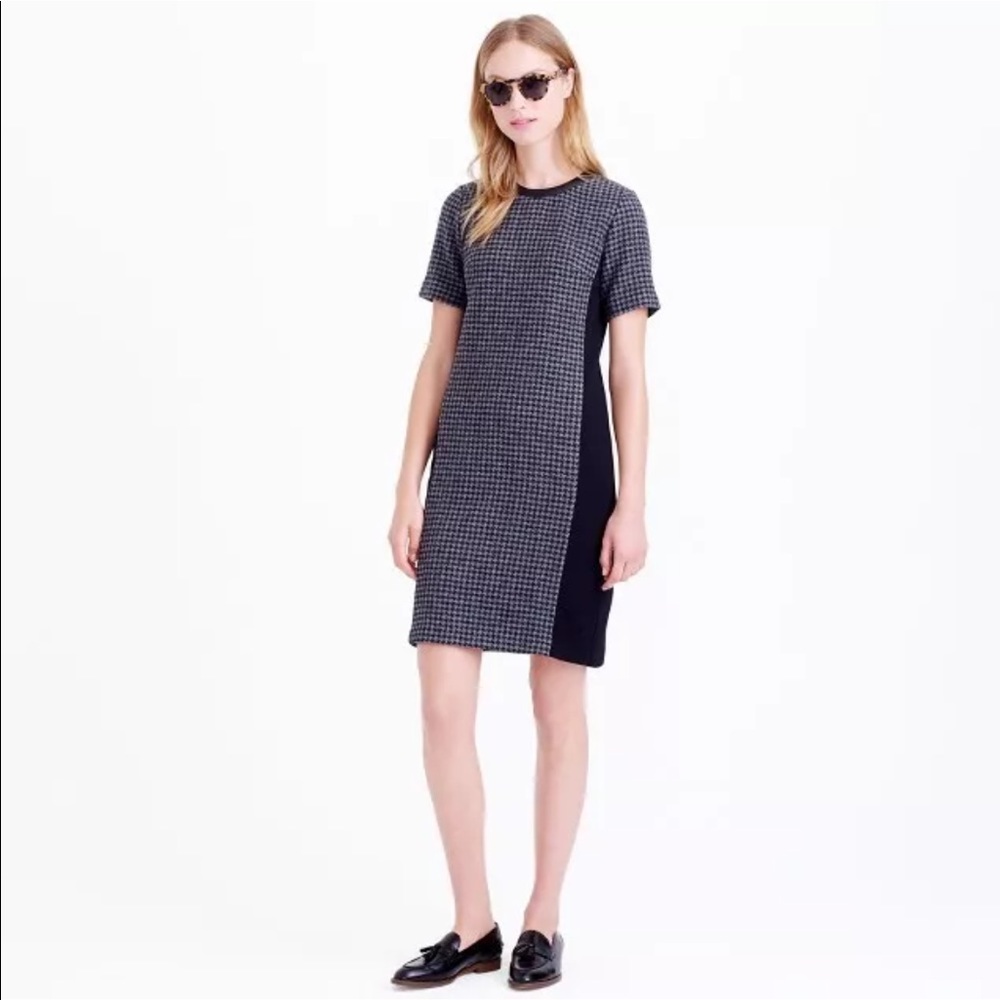 J. Crew Mixed Houndstooth Leather Trim Shift Dress